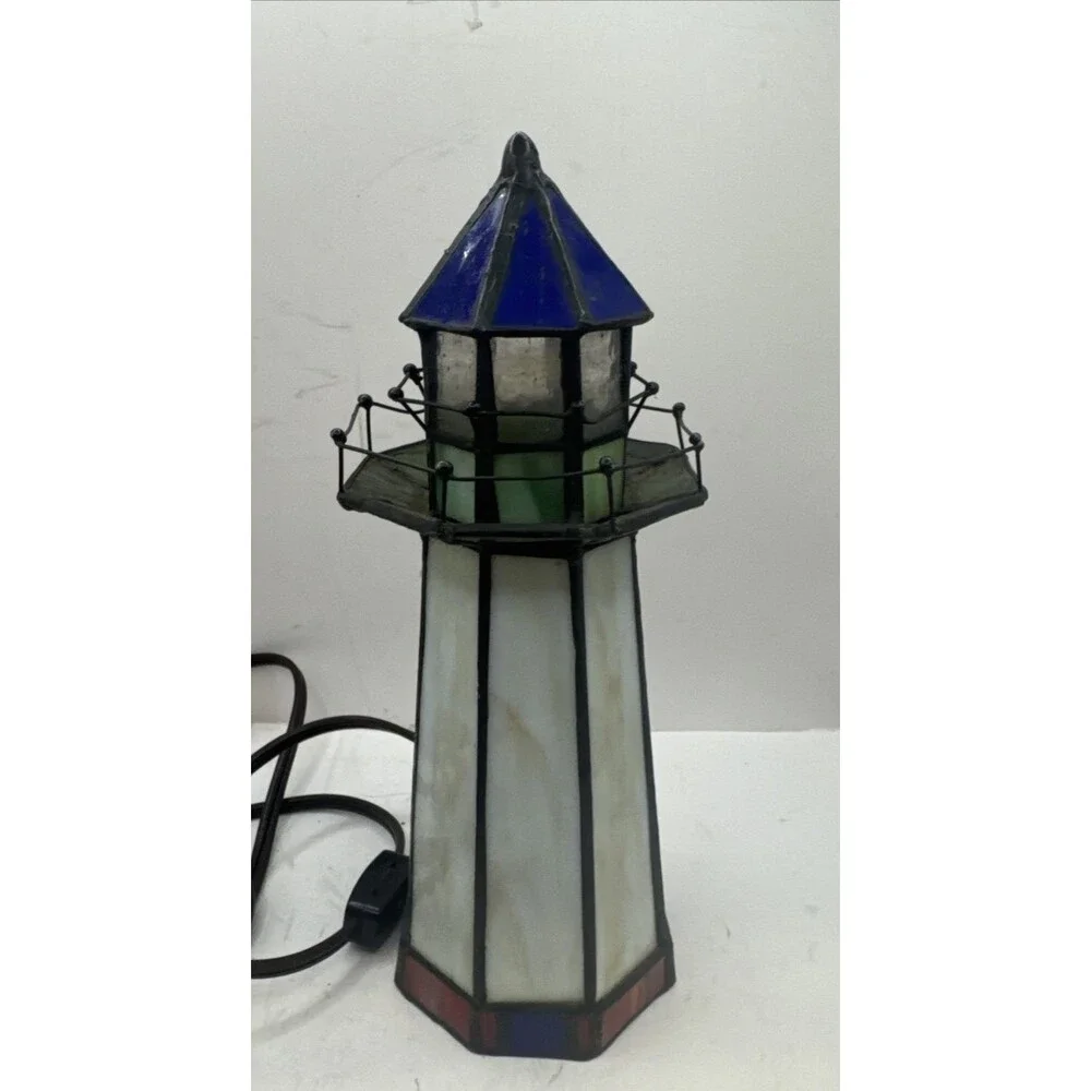 Tiffany Style Stained Slag Glass Lighthouse Accent Lamp Beach Shore WORKS